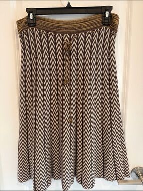 Nick & Mo Chevron Knit Midi Skirt Boho Academic Flare Brown Cream